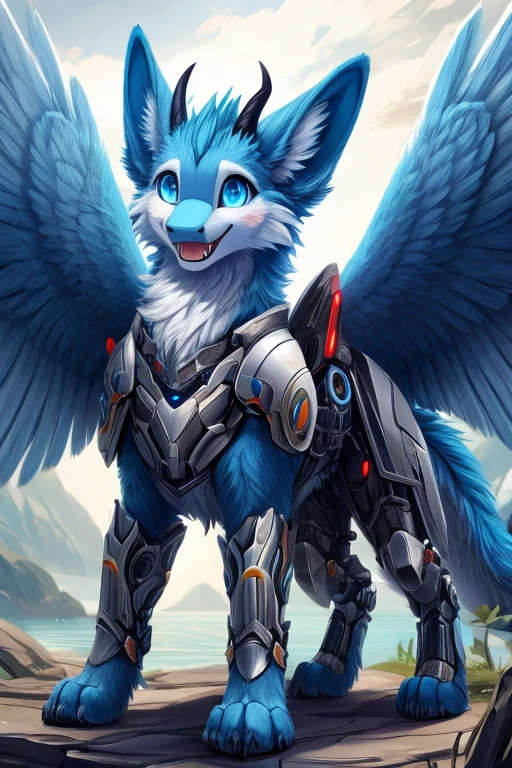furry art, feral, furred dragon, female, white and blue fur, feathered wings, big ears, horns, tail, chest fluff, paws, fangs, happy, blind, faded eyes, faded blue eyes, cloudy eyes, scarred, scars, quadruped, wearing armor, wearing mechanical armor, full mechanical armor, standing, cute