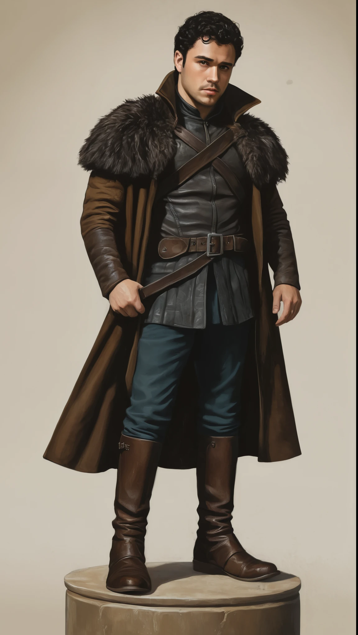 An illustrated movie poster, hand-drawn, full color, a Westerosi man, 28 years-old, wearing a leather coat and riding boots, resembles Gavin Leatherwood, sun-tanned skin, chubby face, stocky physique, deep brown eyes, wide bulbous nose, black hair, curly hair, thick bushy eyebrows, extremely hairy chest, stomach, and arms, lots of body hair, posing on a pedestal, hard shadows, graphite shading, stencil markings, airbrushed acrylic paint, masterpiece, in the style of Game of Thrones