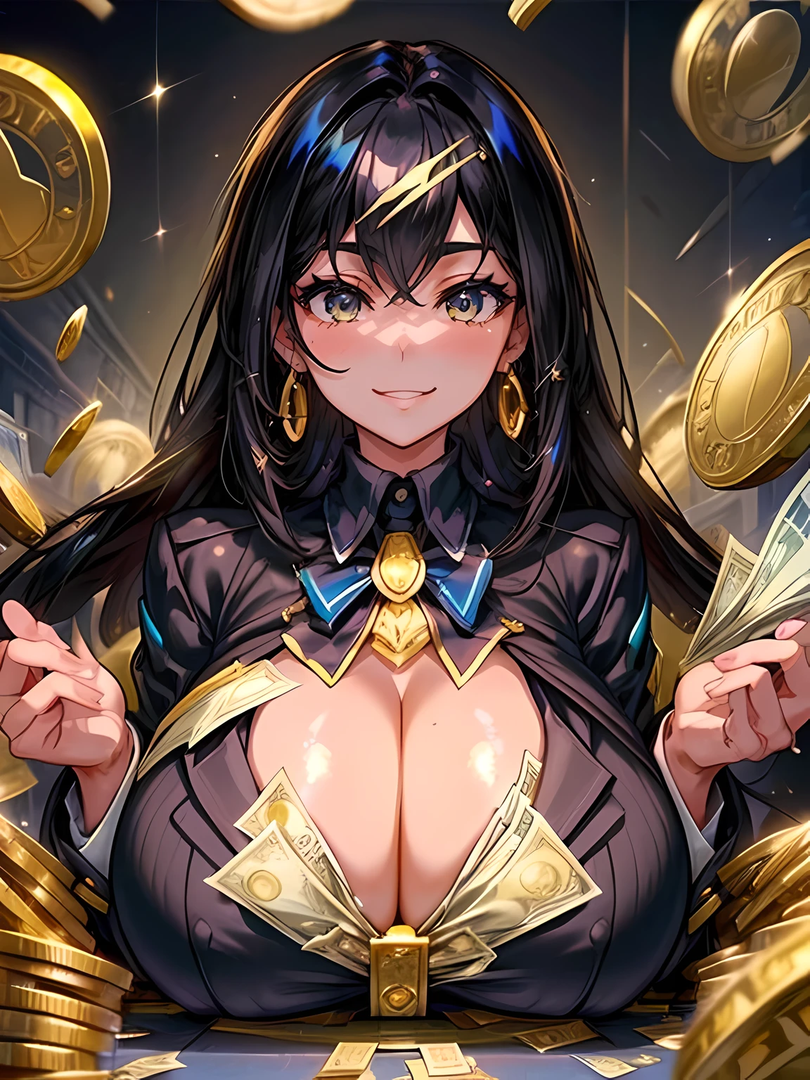 Young black-haired female CEO, gentle smile,(huge bust:1.5),The background is a securities company with many employees.、Rich woman、Scattered gold coins、Flying dollar bills、