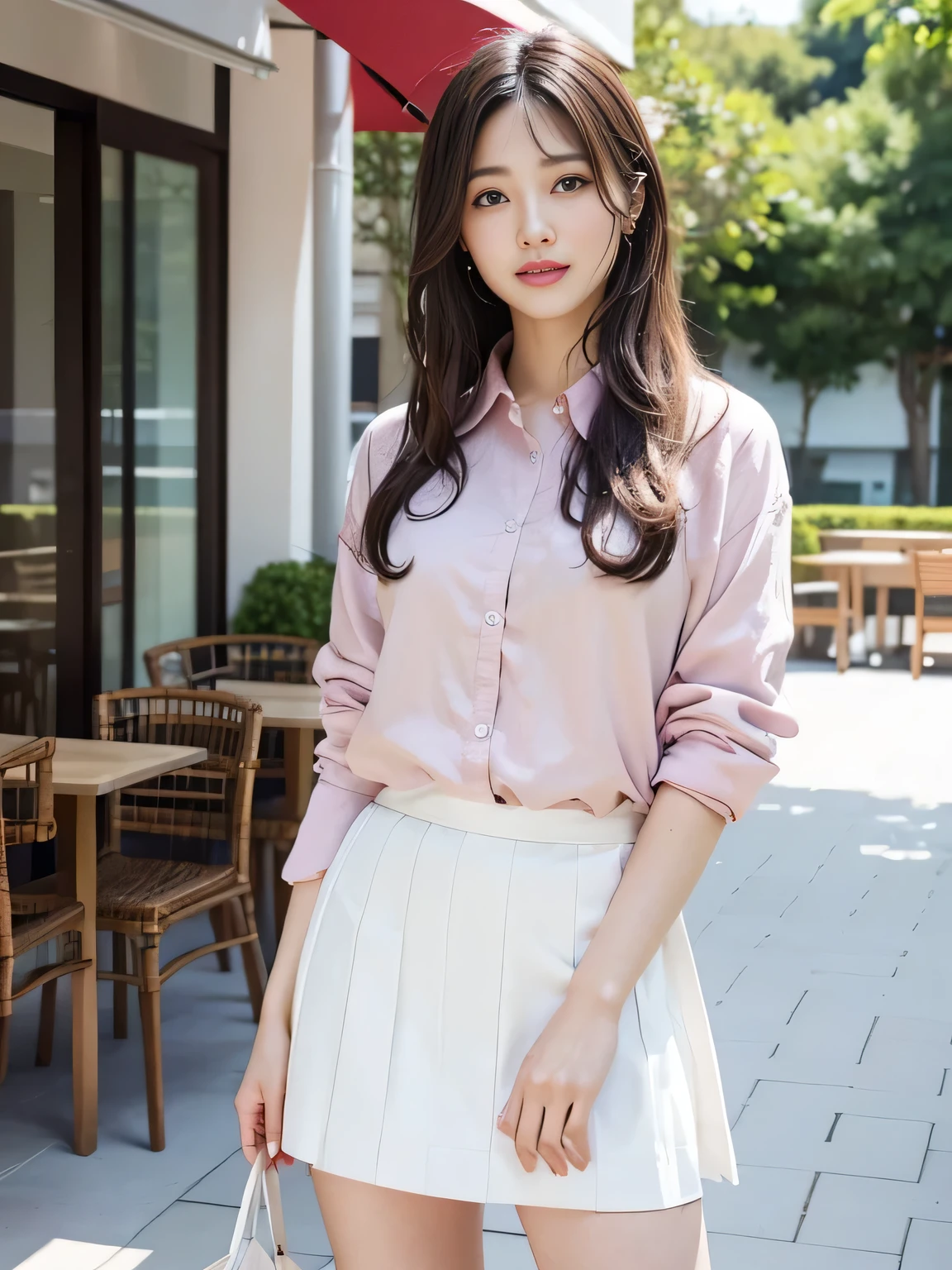 highest quality, realistically, Super detailed, detailed pubic hair, High resolution, 8k wallpaper, 1 beautiful woman, Pink wet lips, light brown messy hair, wearing a suit, shirt, white skirt, lock focus, perfect dynamic composition, beautiful eyes, delicate hair, Detailed realistically skin texture, smile, close-up portrait, model body shape, On the open terrace of the cafe, blurred background, (full body shot), take pictures from a distance, Random body orientation,