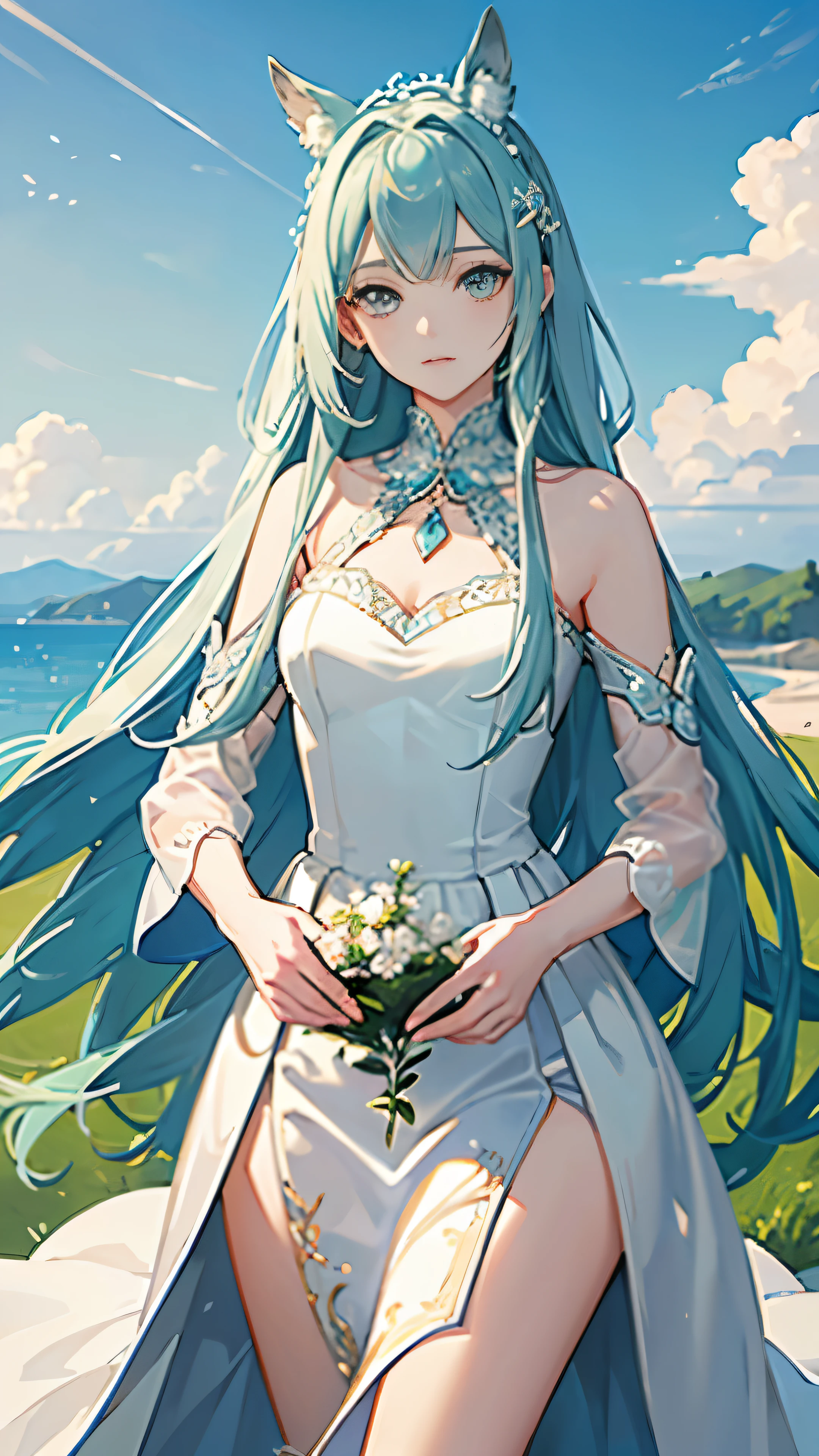 ((masterpiece, best quality)) illustration of a delicate and beautiful girl with long blue hair and green eyes, resembling a Godolphin Arabian horse girl. Wearing a white, sleeveless evening dress with bare shoulders, she is situated in an outdoor setting under a light blue sky and at the horizon of a meadow. Horse ears adorn her head, and a hair ornament accessorizes her look. The scene is filled with a soft, detailed light and the calculation is set for extreme detail and realism. The atmosphere is serene and dreamlike. (Extreme detail description, idealized beauty, horse girl, evening dress, blue sky, meadow, soft light, detailed rendering, masterpiece quality