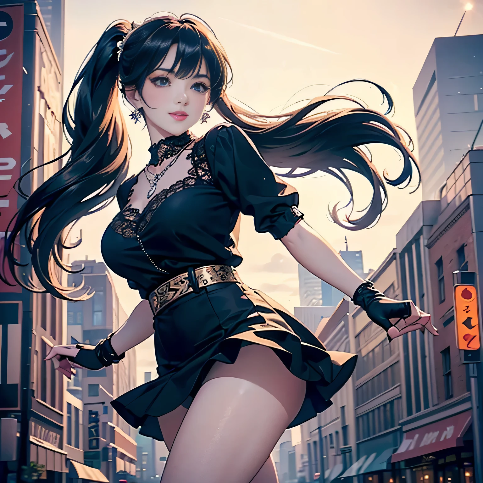 very low angle,from below),((masterpiece, highest resolution,best quality)), (beautiful photo realistic illustration), ((semi long beautiful hair,blunt bangs,pony tail,beautiful eyes)),(solo),(beautiful elegant office blouse and black skirt),(looking at the viewer), (walking around the shopping mall), (innocent smile),(white over-kneehighs,Lace chalker, wristband, fingerless gloves, over-kneehighs, Lace chalker, diamond necklace,wristband, fingerless gloves, earrings), (cinematic lighting, very windy),shopping mall,big city,busy street,day,blue sky,flowers and trees,crowded,(from the ground),(beautiful elegant Underwear patterns),