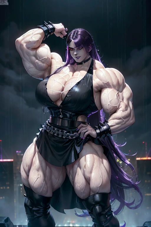 (((((Massive, tall, beautiful, buff, wet, pale white skinned muscular android woman with dark purple hair, glowing black eyes, black lipstick, ginormous bulky muscles, wearing an half button down black blouse with black loose skirt))))), close view, (massive muscles), massive biceps, hyper muscle shoulders, (ginormous muscles), hyper muscle triceps, (long hair with long wind blowing hair), (glowing black eyes), choker, (chain belt), black boots, (spiked gauntlets), (black fog surrounding the body), on top of a skyscraper of a rainy destroyed dark city, arrogant smile, night, hyper vascular arm, hyper muscles arms, hyper muscle legs, (ginormous arms).