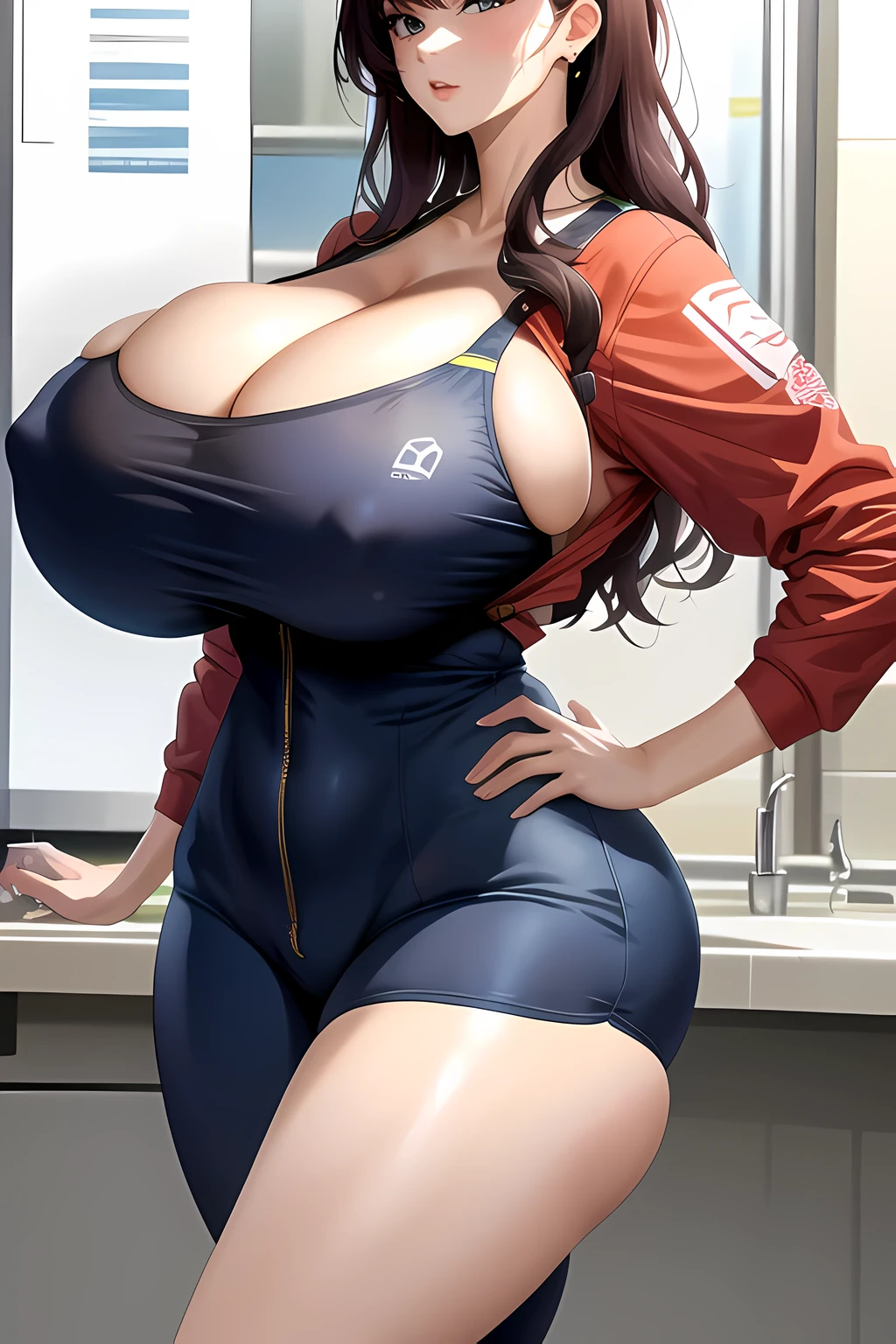 Huge, Wearing a tight-fitting jumpsuit、Large and busty women, Incredibly Huge Breasts in Clothes, cleavage