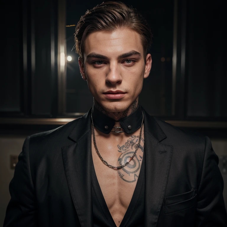 Dark blonde boy with light  with cut up and dominant face and freckles thin nose full lips  smoking in a black suit with jacket marked jaw muscle with chains and perfect face bad and with cut eyebrow and tattoos Curt haibad boy boy 20 years