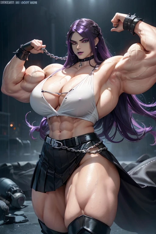 (((((Massive, tall, beautiful, buff, wet, pale white skinned muscular android woman with dark purple hair, glowing black eyes, black lipstick, ginormous bulky muscles, wearing an half button down black blouse with black loose skirt))))), close view, (massive muscles), massive biceps, hyper muscle shoulders, (ginormous muscles), hyper muscle triceps, (long hair with long wind blowing hair), (glowing black eyes), choker, (chain belt), black boots, (spiked gauntlets), (black fog surrounding the body), on top of a skyscraper of a rainy destroyed dark city, arrogant smile, night, hyper vascular arm, hyper muscles arms, hyper muscle legs, (ginormous arms).