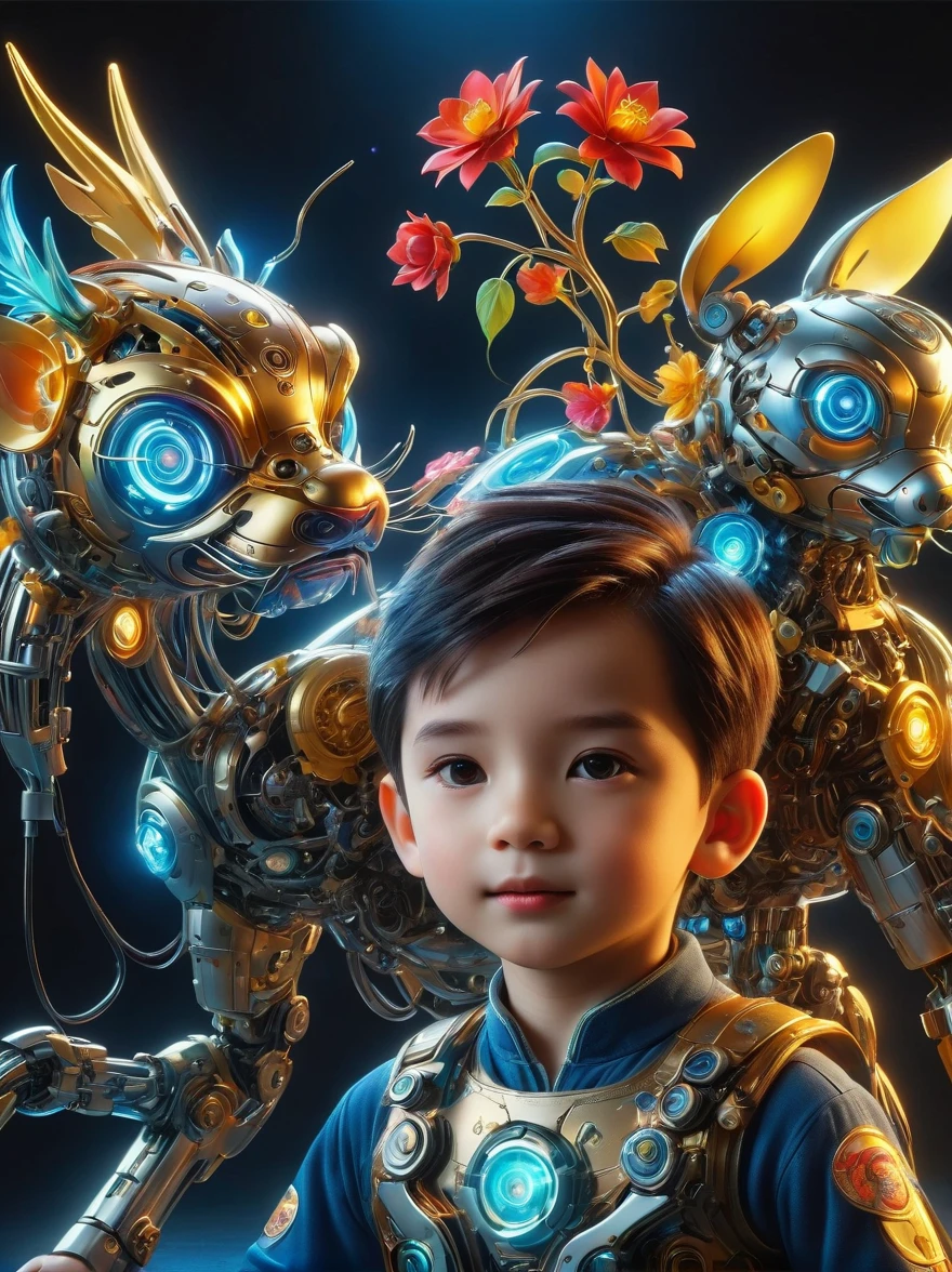 (three-dimensional,Mechanical feel,cute,boy,Mechanical doll, Pinocchio: 1.3), Colorful neon lights, High-tech mechanical parts, Metal body, Detailed vibranium flower design, bright colors, Dynamic glowing flowers, Reflective metal surface, bright environment, dynamic poses, Exquisite presence, skill improved, interlocking mechanical gears, Stylish design, motion blur effect, Detailed metal processing, Sci-fi atmosphere, Streamlined aerodynamic shape, Laser scanning pattern, Holographic projection, LED light track, beautiful and unforgettable, Advanced sensors, complex algorithm, Ominous and mysterious atmosphere, electric spark, Shiny chrome plating, Propulsion systems of the future, BJ_Gundam, (best quality, 8k, high resolution, masterpiece: 1.2), Super detailed, (whole body:1.8)