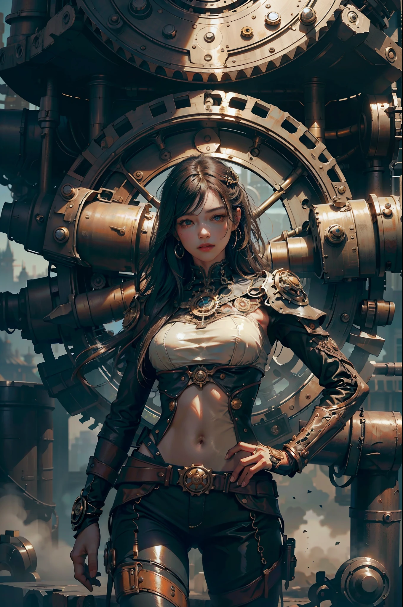 top-quality、​masterpiece、超A high resolution、(Photorealsitic:1.4)、Raw photo、1人、Black hair、glowy skin、1. Mechanical Angel Girl、Metal wings、((super realistic details))、portlate、globalillumination、Shadow、octan render、8K、ultrasharp、Colossal tits、Raw skin is exposed in cleavage、metals、Details of complex ornaments、Steampunk details、vacuum tubes、Nixie Kan、Oil pressure gauge、Glass Kan、Analog Meter、gear wheel、gear、Golden hydraulic cylinder、highly intricate detail、Realistic light、CGSoation Trends、a purple eye、radiant eyes、Facing the camera、neon details、Mechanical limbs、blood vessels connected to tubes、Mechanical vertebrae attached to the back、mechanical cervical attaching to neck、sitting on、Wires and cables connecting to the head、Gothloli details、Small LED lamp、