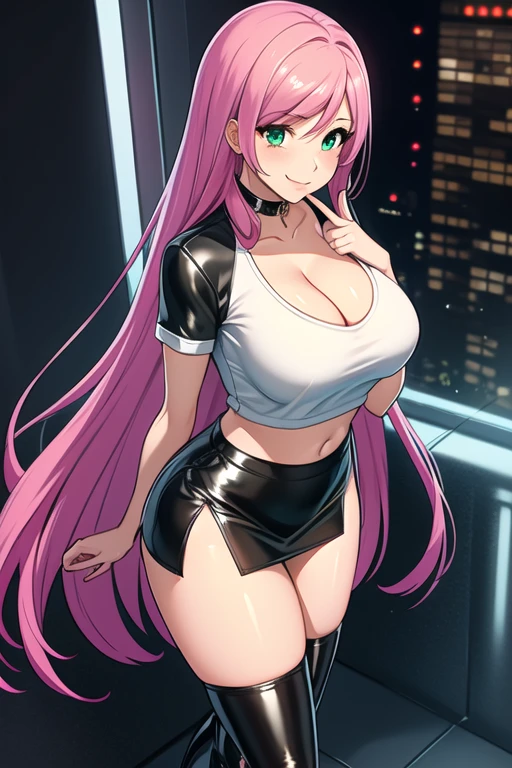 1 girl, 19 years old, Long pink hair, green eyes with slit pupils, master-piece, best quality, (standing up), (white shirt), (tight white v-neck crop t-shirt, black leather pencil mini skirt, patent leather high heel boots, cleavage),  (Big , ultra gigantic , Super super big, Glamorous body), Make eye contact with the camera, front figure, looking forward, (light_Smile:1.5), (Detailed hands and fingers:1.2) (Cyberpunk City), (FULL BODYSHOT), thighs thighs thighs thighs、beauty legs、