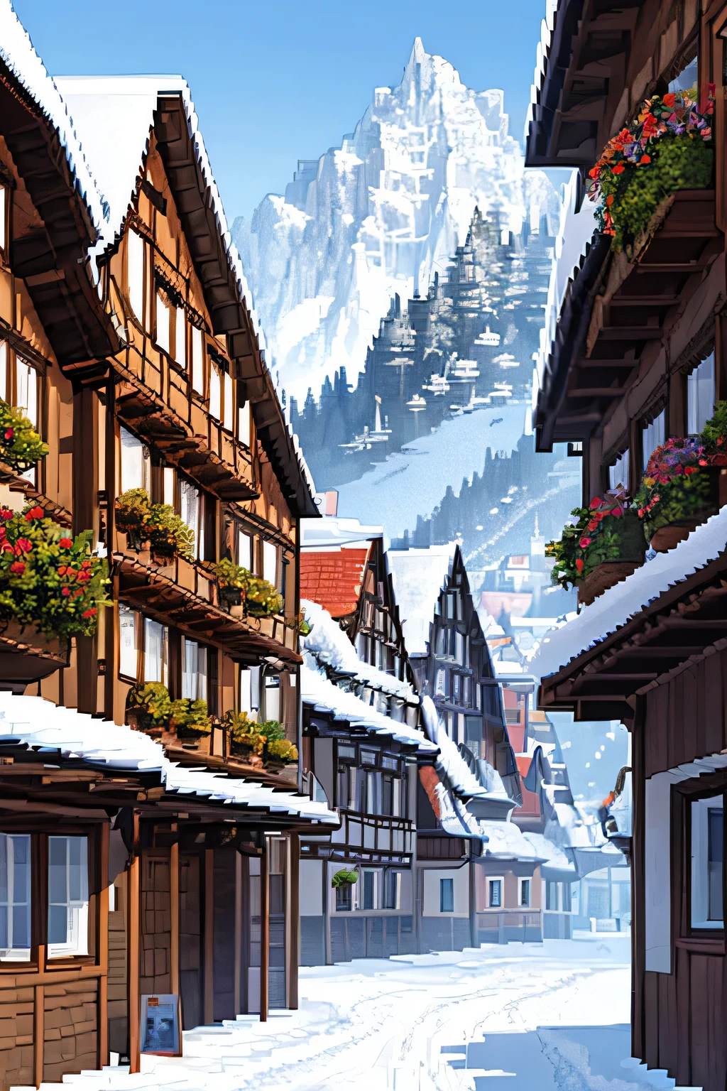 An old German town on Bavaria with an enormous mountain on the background and red banners all over the town Snowing. PIXEL ART