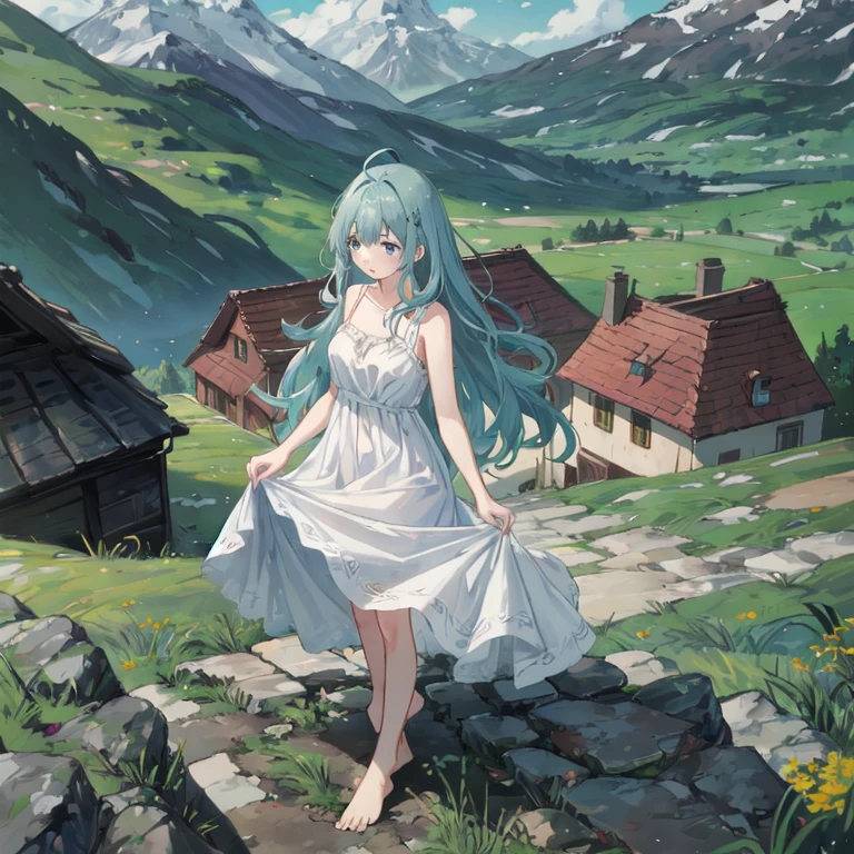 1girl、solo、masterpiece、disorganized、情緒landscape、landscape、outdoor、surrounded by nature、super long hair、light blue hair、Bangs are parted、 ahoge、blue eyes、White Cami Dress、white clothes、white skirt、barefoot、Looking down on the foothills from the top of the plateau