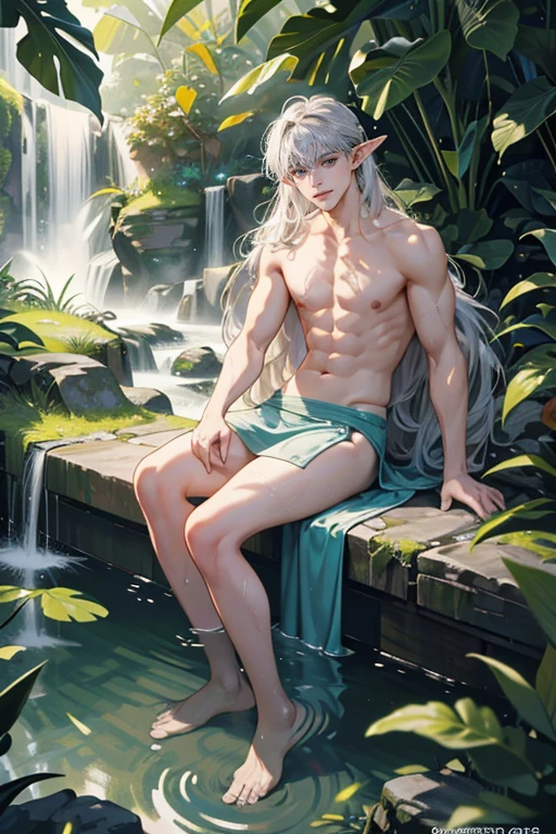 (Masterpiece, high resolution, Very detailed:1.0), (1 boy, young man), Perfect male body, (adult male elf:1.3), Delicate eyes and delicate face, CG ที่Very detailed, unity wallpaper 8k, complicated details, detailed face, (Silver eyes, eyes looking at the camera, sexy smile, seductive expression, half closed eyes, long hair, half in the water, topless, shower, Wet hair and body), outdoor, Flowers and trees, waterfall, Portrait, color difference, depth of field, Stunning shadow, Ray Tracing, best quality, movie light, official art,full body image