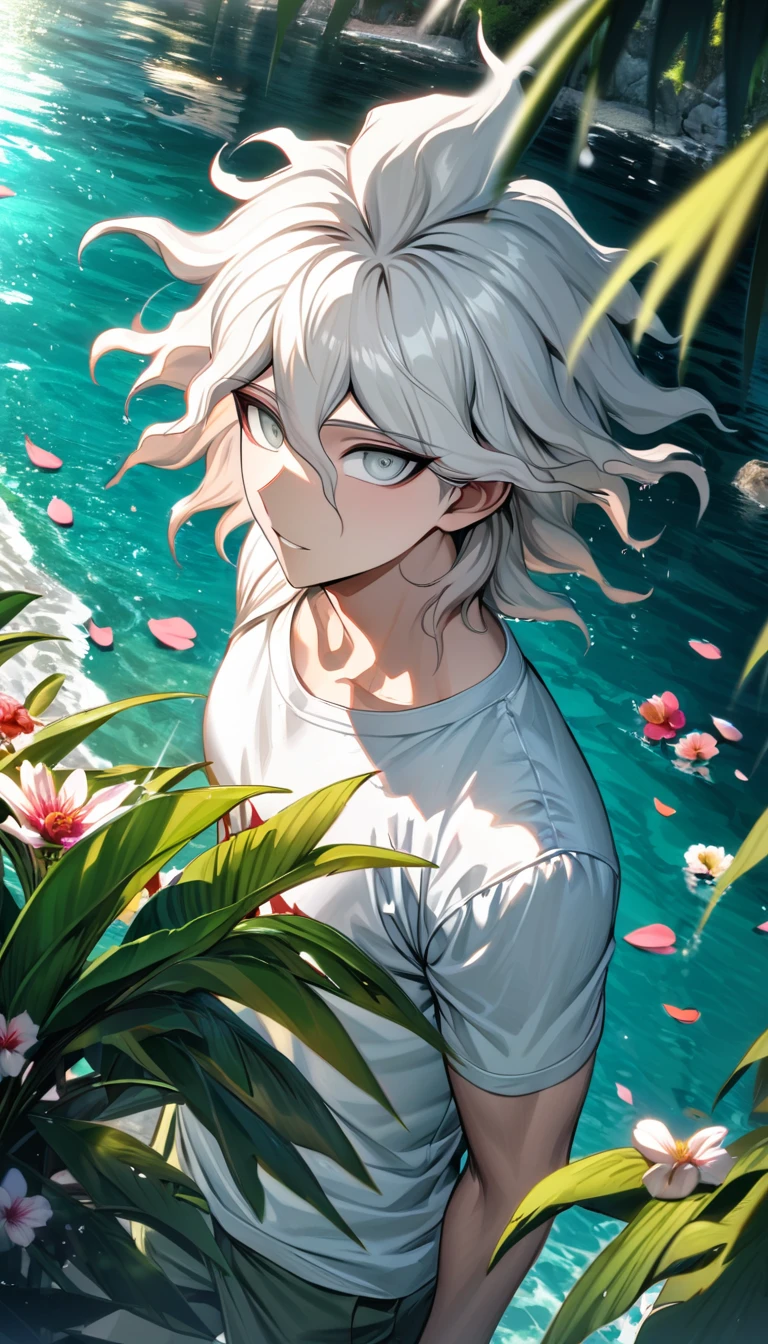 Ultra detailed, Highres, absurdres, HDR, Komaeda Nagito, white hair, silver eyes, green long coat, white tight t-shirt, Danganronpa 2, 1 man only, water, petals, flowers, summer, handsome,