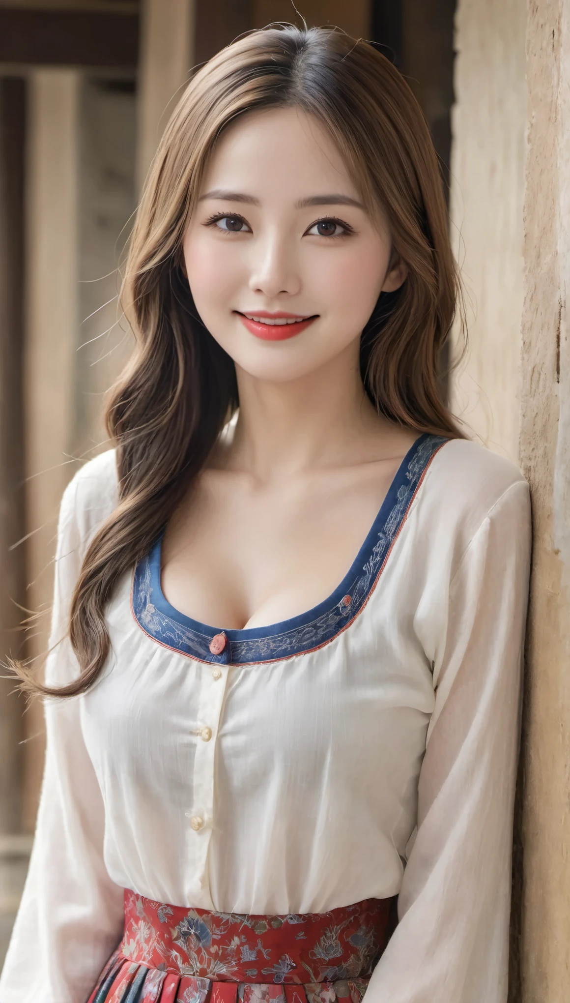 (((hyper real)))、ancient peasant woman、women in agriculture、(((Big big big boobs)))、(Easy to wear, modest clothing)、 Beautiful woman ((High level image quality)) High resolution、blonde mature、Very attractive mature woman、Attractive middle-aged woman、(((very big cleavage)))、Fine skin texture、超High resolution、Easy to wear clothing、plump body shape、Beautiful smile、中年Beautiful woman、beautiful expression、fine brown eyes、Fluffy long blonde hair、非常に繊細でFine skin texture、45 歳のancient peasant woman、((I'Village square meters))、women in agriculture、big cleavage、bright red lips、(Easy to wear clothing)、