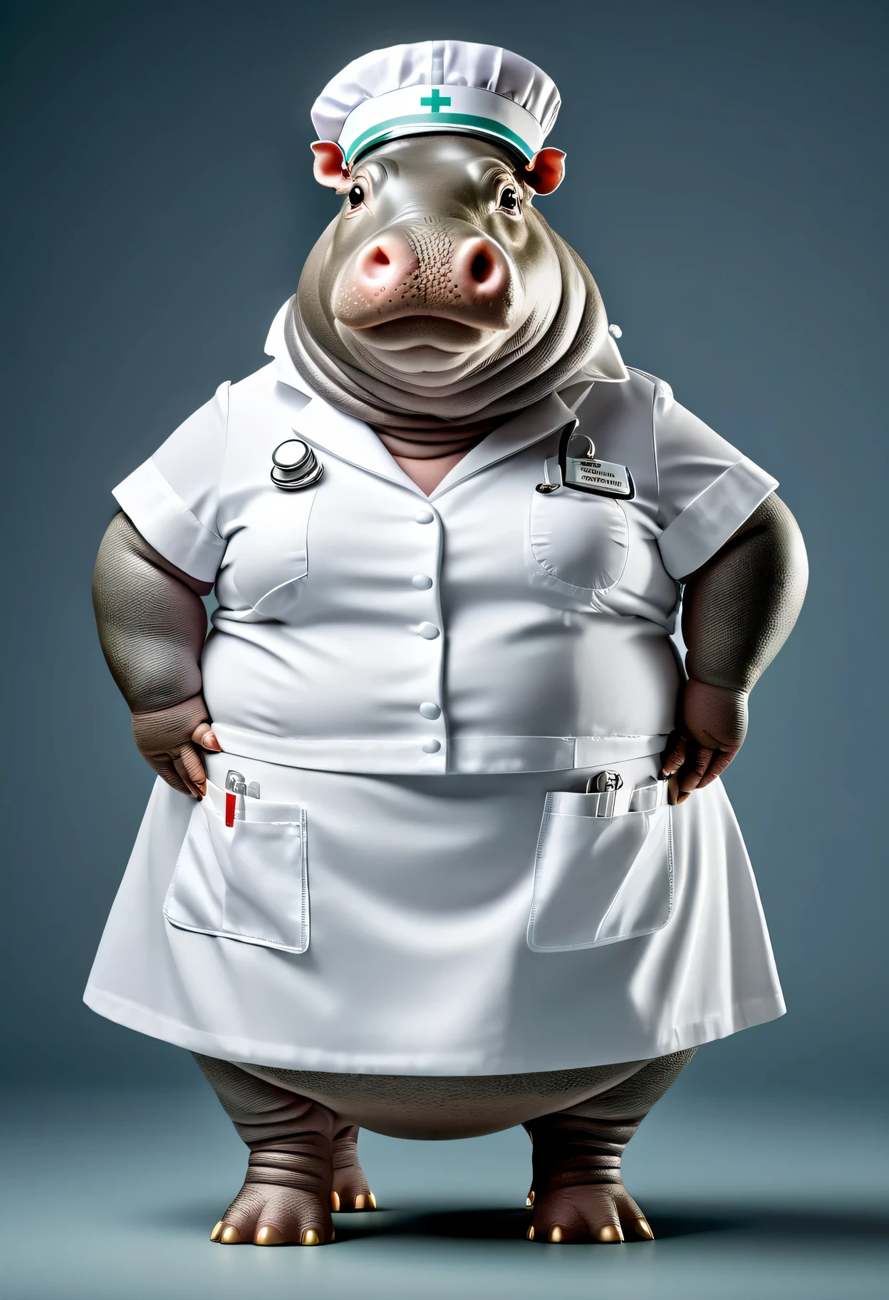 photorealistic portrait of Dressed animals - a ((fat)) hippo nurse,(hands on hips:1.5 ),(from side:1.2), high quality,(lovely) ,intricate details, highly detailed ((white nurse costume)), wearing nurse cap and skirt , highly detailed medical equipment , (happy), studio lighting,(),(simple background)