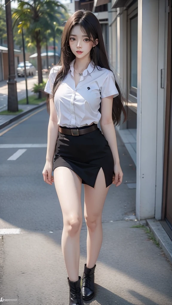 beautiful girl, fit, Two meter long hair, long black hair, Huge breasts, Flat stomach, small waist, raise hips, small thighs, Long legs, Short sleeve shirt, white, Short pencil skirt, black, รองเท้าส้นสูงblack, brown belt, student belt, I see the whole thing., dynamic post