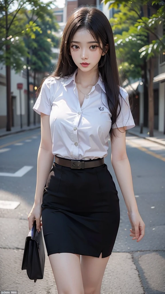 beautiful girl, fit, Two meter long hair, long black hair, Huge breasts, Flat stomach, small waist, raise hips, small thighs, Long legs, Short sleeve shirt, white, Short pencil skirt, black, รองเท้าส้นสูงblack, brown belt, student belt, I see the whole thing., dynamic post