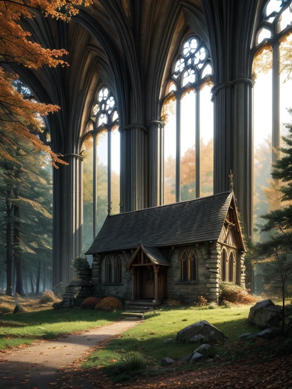 fantasy elven village in a forest, several elven buildings in a forest, deep dark forest, autumn forest, many houses, no sky, within the forest, golden light in old windows of the houses, mysterious forest, stone buildings, dark deep wild forest, first person view, elvish archetecture, overgrown elf buildings, church archetecture, ancient ruin archetecture
