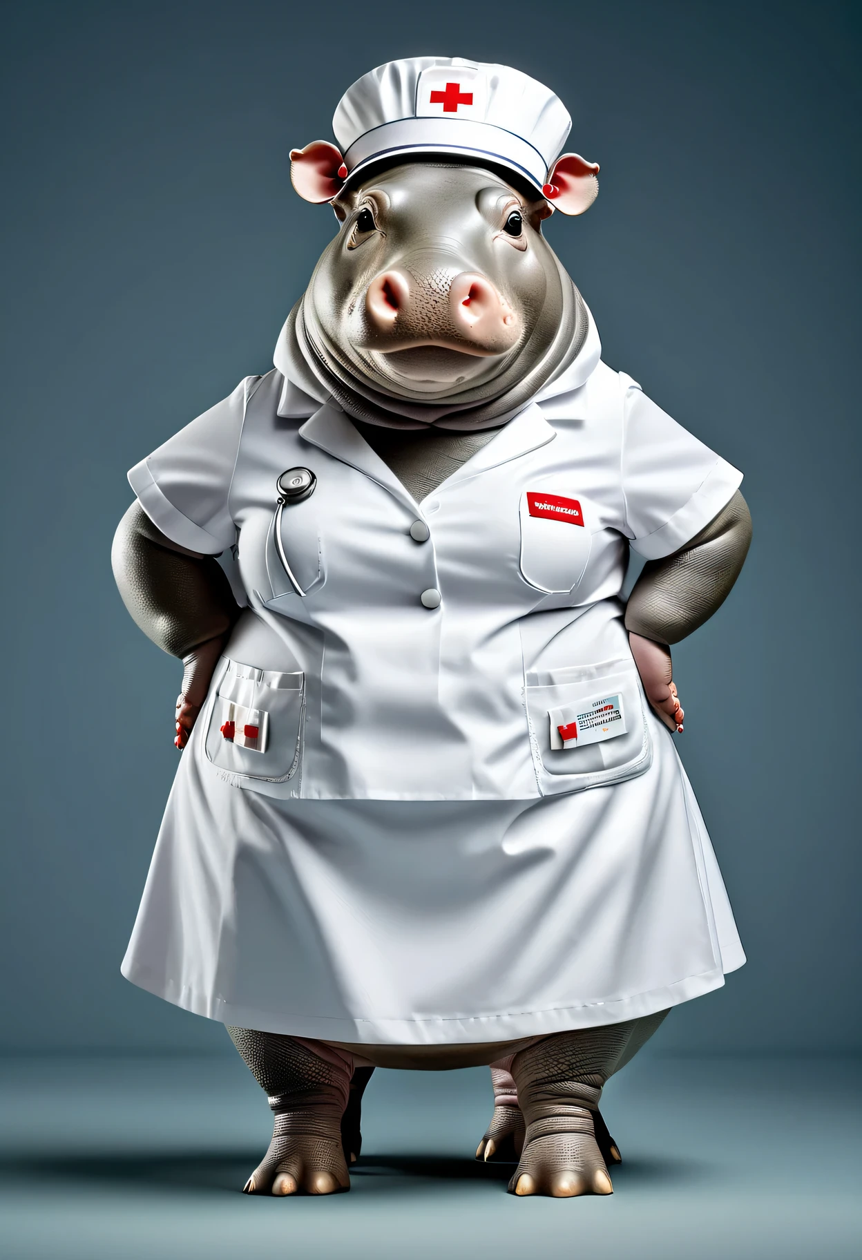 photorealistic portrait of Dressed animals - a ((fat)) hippo nurse,(hands on hips:1.5 ),(), high quality,(lovely) ,intricate details, highly detailed ((white nurse costume)), wearing nurse cap and skirt , highly detailed medical equipment , (happy), studio lighting,(),(simple background)