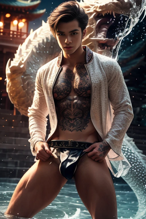 handsome young man, 25 years old, Asia, expert&#39;your work, Best picture quality, higher quality, Highly detailed, Ultra high resolution, 8k resolution, delicate facial features, boy, Big muscles, tattoo, glowing eyes, short hair, hair details, [[turn away, look to the side, Focus on homosexuality and pay attention to every detail.. , Open Hanfu Sheer Gauze Jacket, Wear white underwear,blue crystal belt, at night, starry sky, flying flowers. waterfall, mountain, dragon circle, Chinese patio background (((((Convex crotch)))))