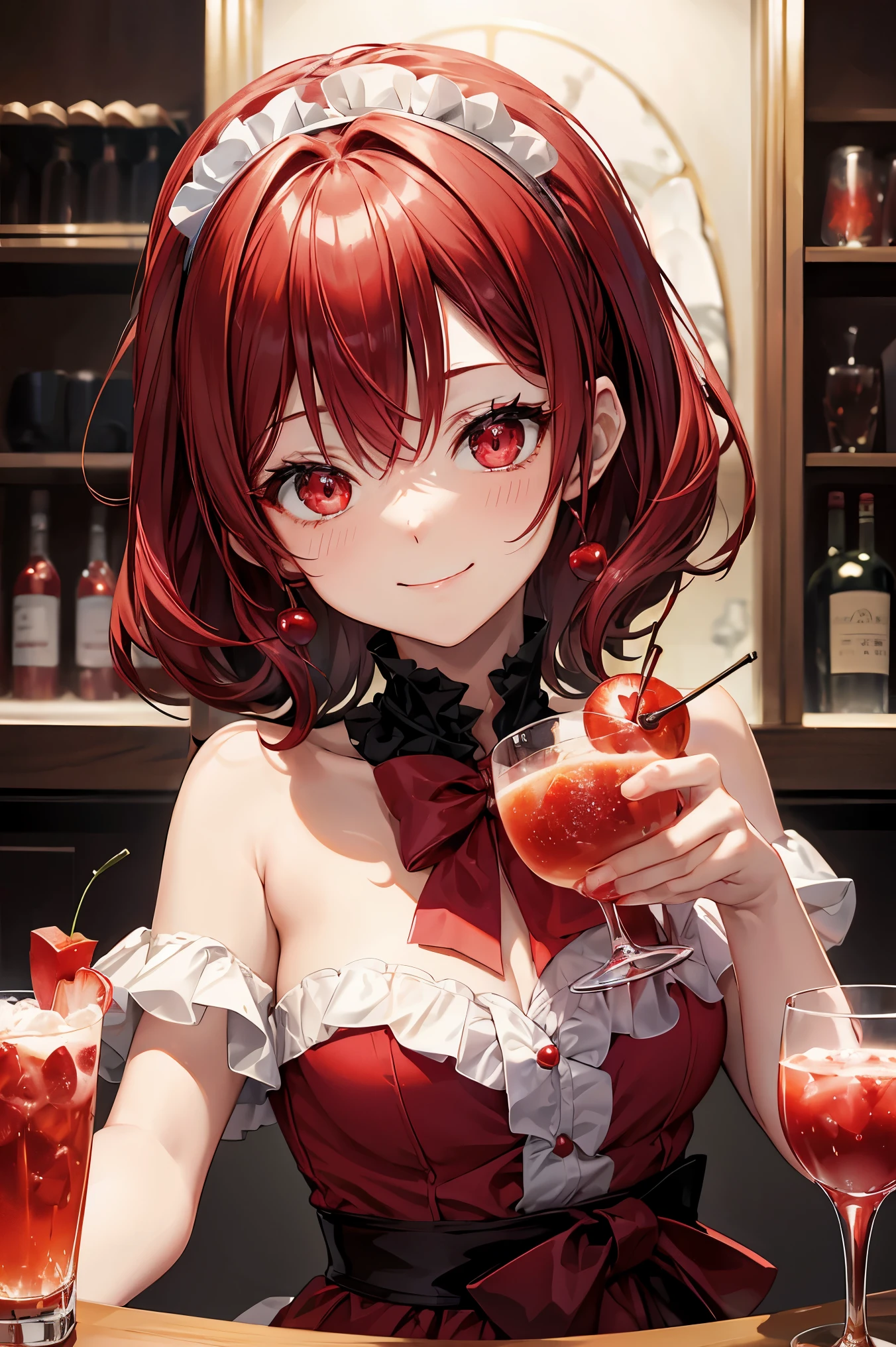1lady,solo,beauty,ennui and smile,red dress,big bust,black and medium hair,girls bar,bar,she drinking alcohol in bar,night bar,dark bar,beauty drinking cocktail
