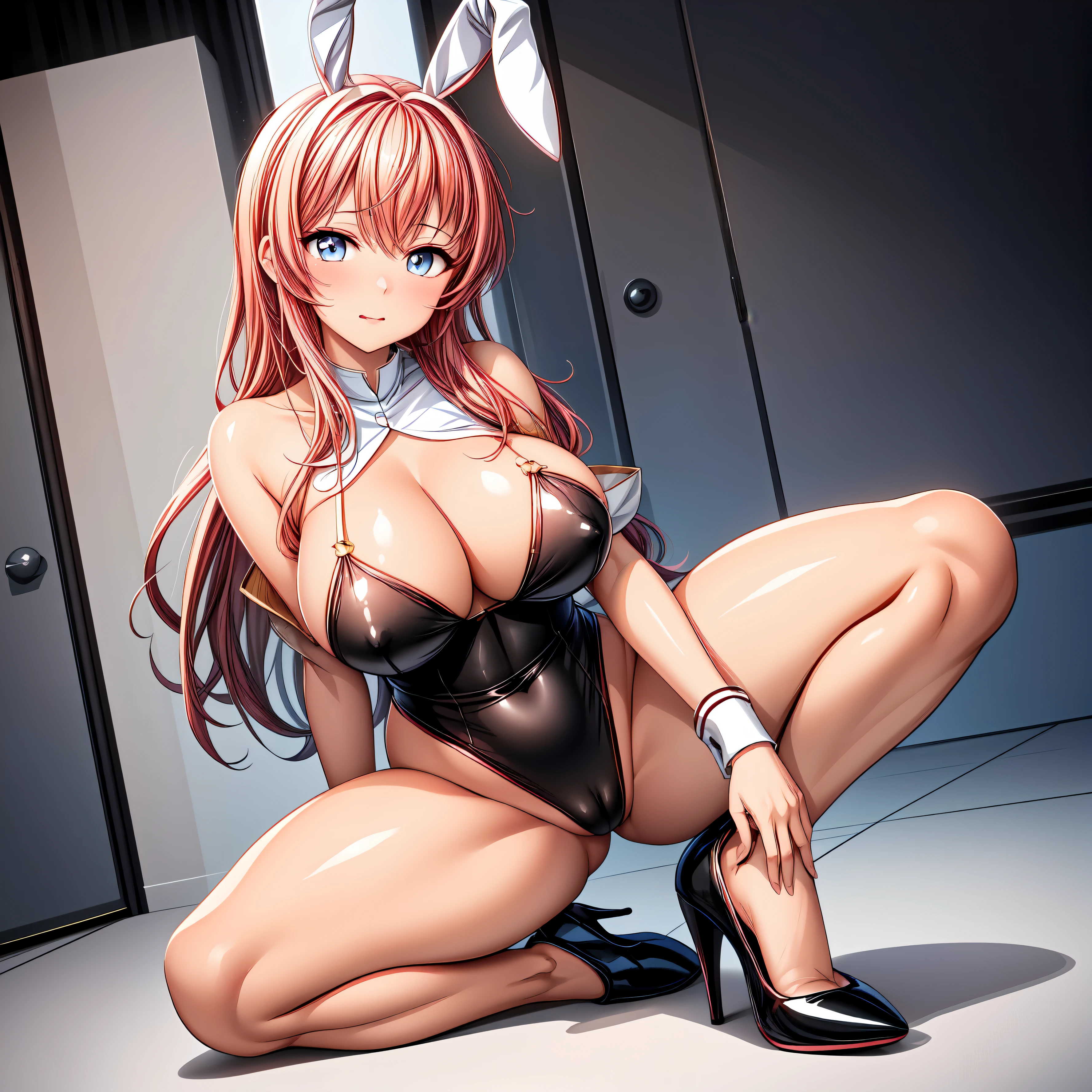 masterpiece, highest quality,beautiful eyes, beautiful hair, beautiful face, beautiful skin, solo, 1 girl, anime girl, curvy, beautiful breasts,shiny skin,shining eyes, smooth skin, glowing skin, soft skin, glowing skin, bare legs, high heels, embarrassed, (Bunny girl), (bare shoulder:1.3), erect nipples, High leg, full body