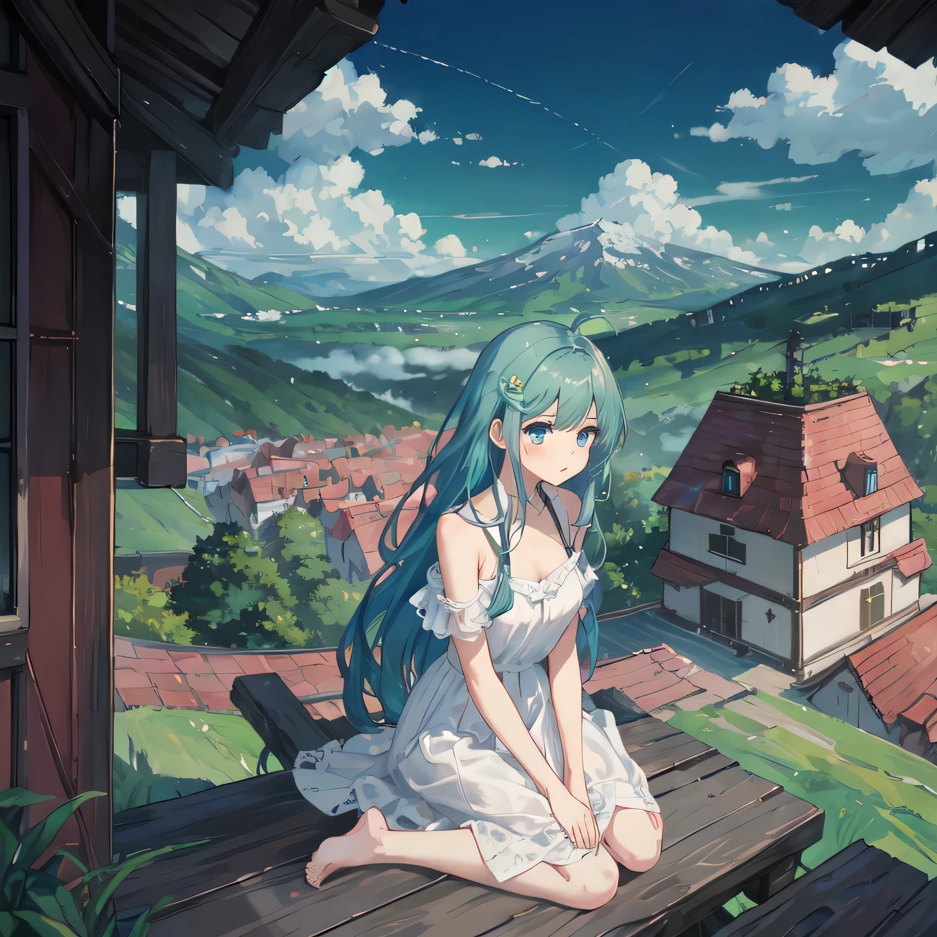 1girl、solo、masterpiece、disorganized、emotional landscape、landscape、outdoor、surrounded by nature、super long hair、light blue hair、Bangs are parted、 ahoge、blue eyes、White Cami Dress、white clothes、white skirt、barefoot、Looking down on the foothills from the top of the plateau