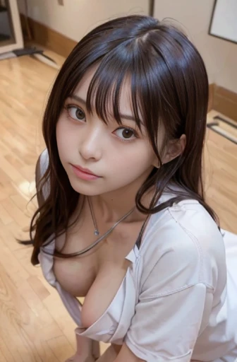 best quality, detailed, beautiful, insanely detailed, absurdres,perfect anatomy,
Japanese woman,black hair,27 years old,
(slender),
(small breasts best quality),
nsfw,(bending over:1.3), (wearing a loose t-shirt),(cleavage:1.5), (downblouse:1.6),(nipples peek:1.3)