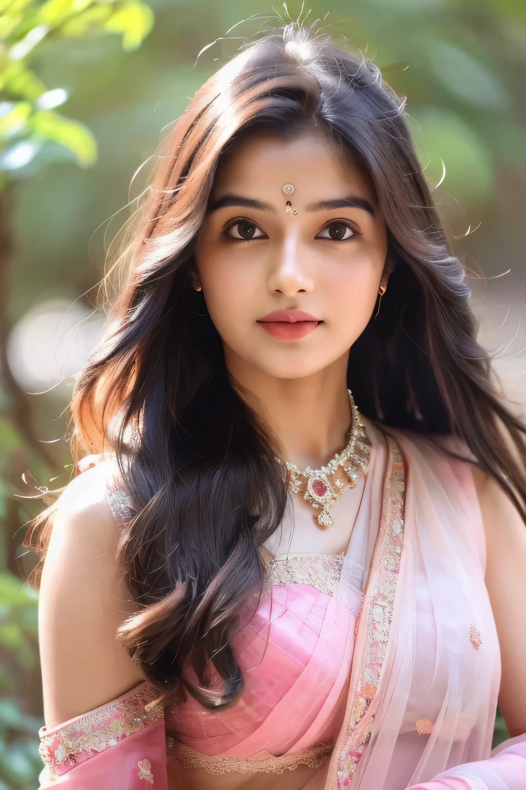 8K, ultra high detailed, an indian girl, cute face, happy, long hair, impressive hairstyle, detailed eyes, detailed lips, indian clothes, saree, pink saree, lace, wearing jewellery, nature background, flowers, afternoon, shadow, clear weather, whole body capture,