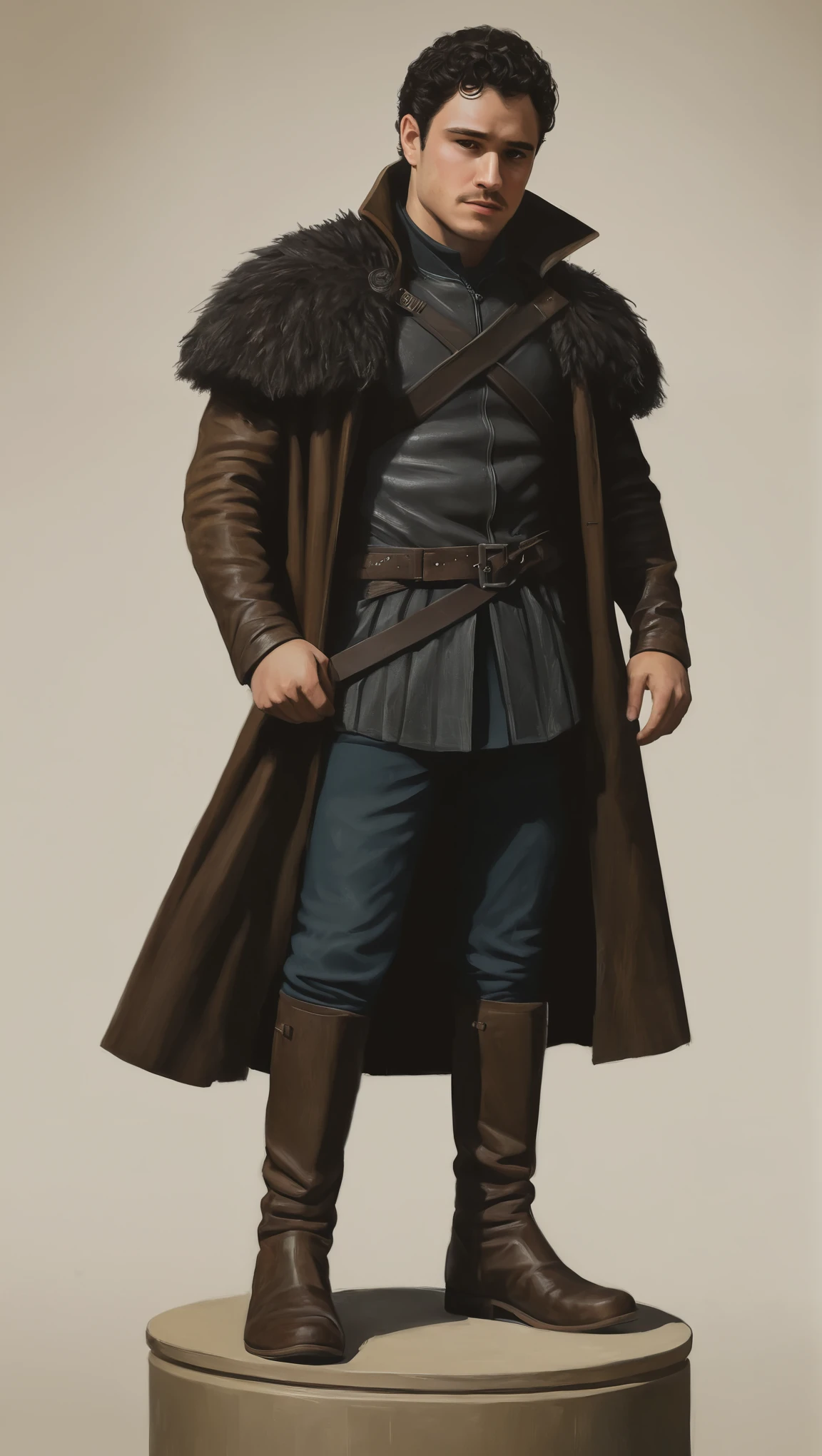 An illustrated movie poster, hand-drawn, full color, a Westerosi man, 28 years-old, wearing a leather coat and riding boots, resembles Gavin Leatherwood, sun-tanned skin, chubby face, stocky physique, deep brown eyes, wide bulbous nose, black hair, curly hair, thick bushy eyebrows, extremely hairy chest, stomach, and arms, lots of body hair, posing on a pedestal, hard shadows, graphite shading, stencil markings, airbrushed acrylic paint, masterpiece, in the style of Game of Thrones