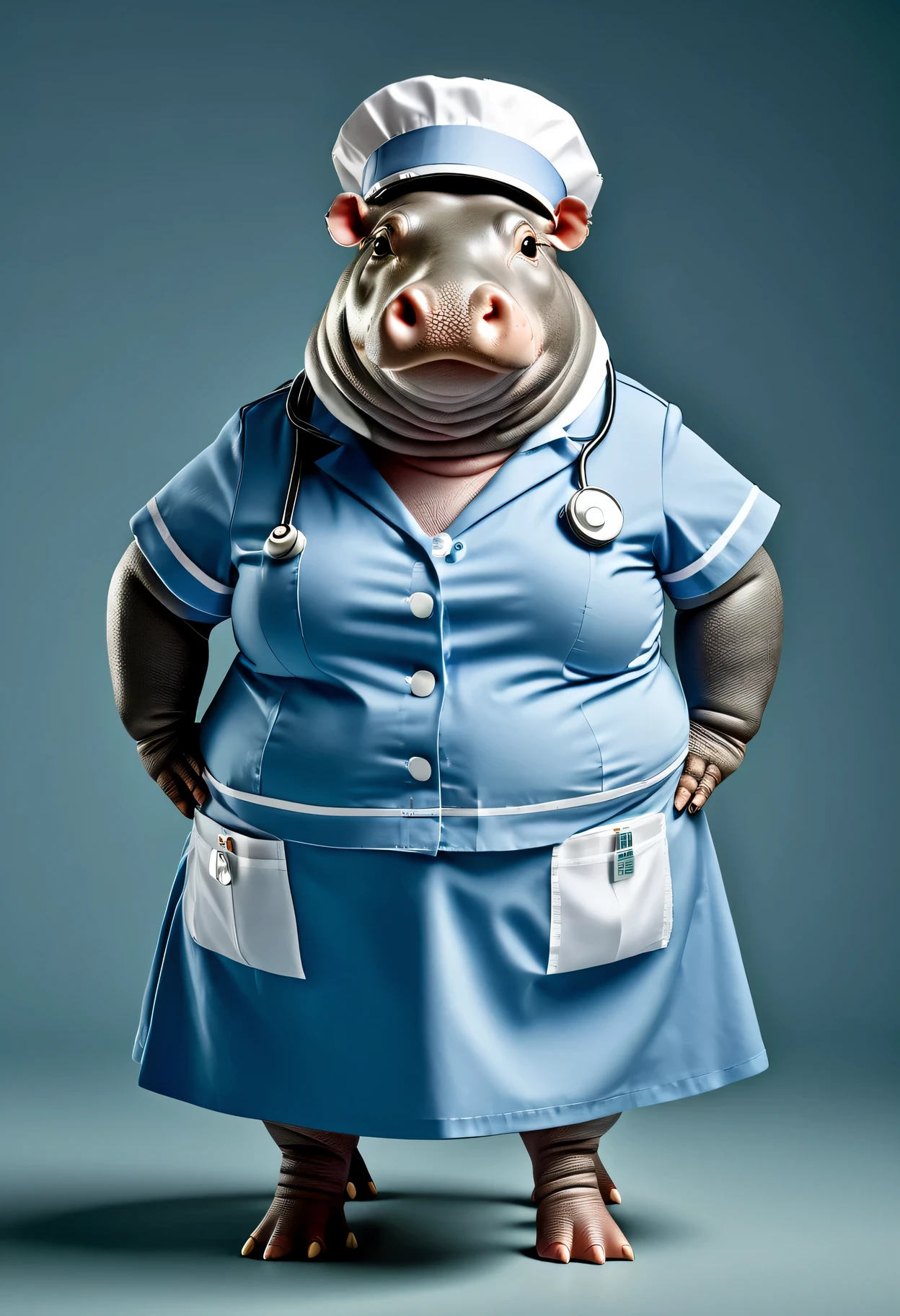photorealistic portrait of Dressed animals - a ((fat)) hippo nurse,(hands on hips:1.5 ),(), high quality,(lovely) ,intricate details, highly detailed (( nurse costume)), wearing nurse cap and skirt , highly detailed medical equipment , (happy), studio lighting,(),(simple background)