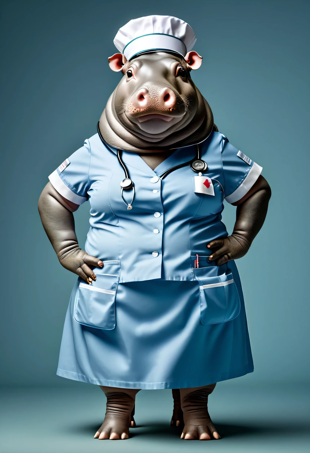 photorealistic portrait of Dressed animals - a ((fat)) hippo nurse,(hands on hips:1.5 ),(), high quality,(lovely) ,intricate details, highly detailed ((female nurse costume)), wearing nurse cap and skirt , highly detailed medical equipment , (happy), studio lighting,(),(simple background)