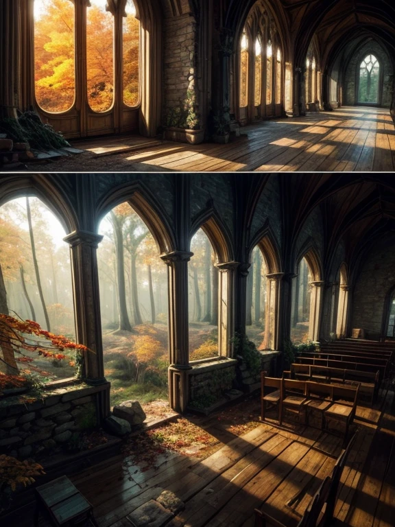  fantasy elven village in a forest, several elven  buildings in a forest, deep dark forest, autumn forest, many houses, no sky, within the forest, golden light in old windows of the houses, mysterious forest, stone buildings, dark deep wild forest, first person view, elvish archetecture, overgrown elf buildings, church archetecture, ancient ruin archetecture