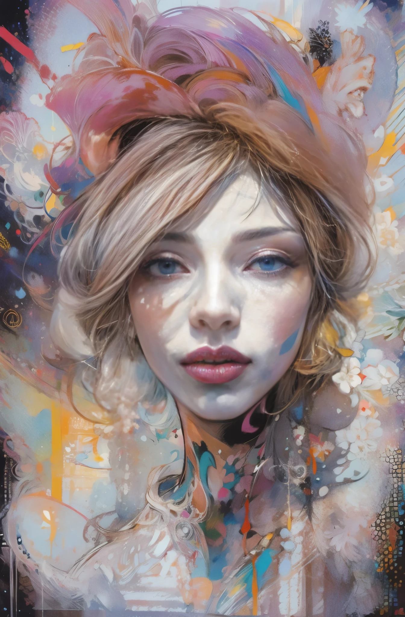 Painting of a woman with a magenta and white face, pretty much beautiful face, unparalleled beauty, Birdland Lullaby, Sylvia Pelissero watercolors, tumbler, figurative art, intense watercolor, watercolor detailed art, watercolor splash, surreal, avant-garde pop art, Beautiful and expressive paintings, Beautiful artwork illustration, very colorful tones, wonderful, cool beauty, highest quality,official art, women only, sharp outline, best shot, vector art, Written by Sandra Chevrier, dave mckean、By Richard Avedon、Written by Makiezi Kusiala, women only