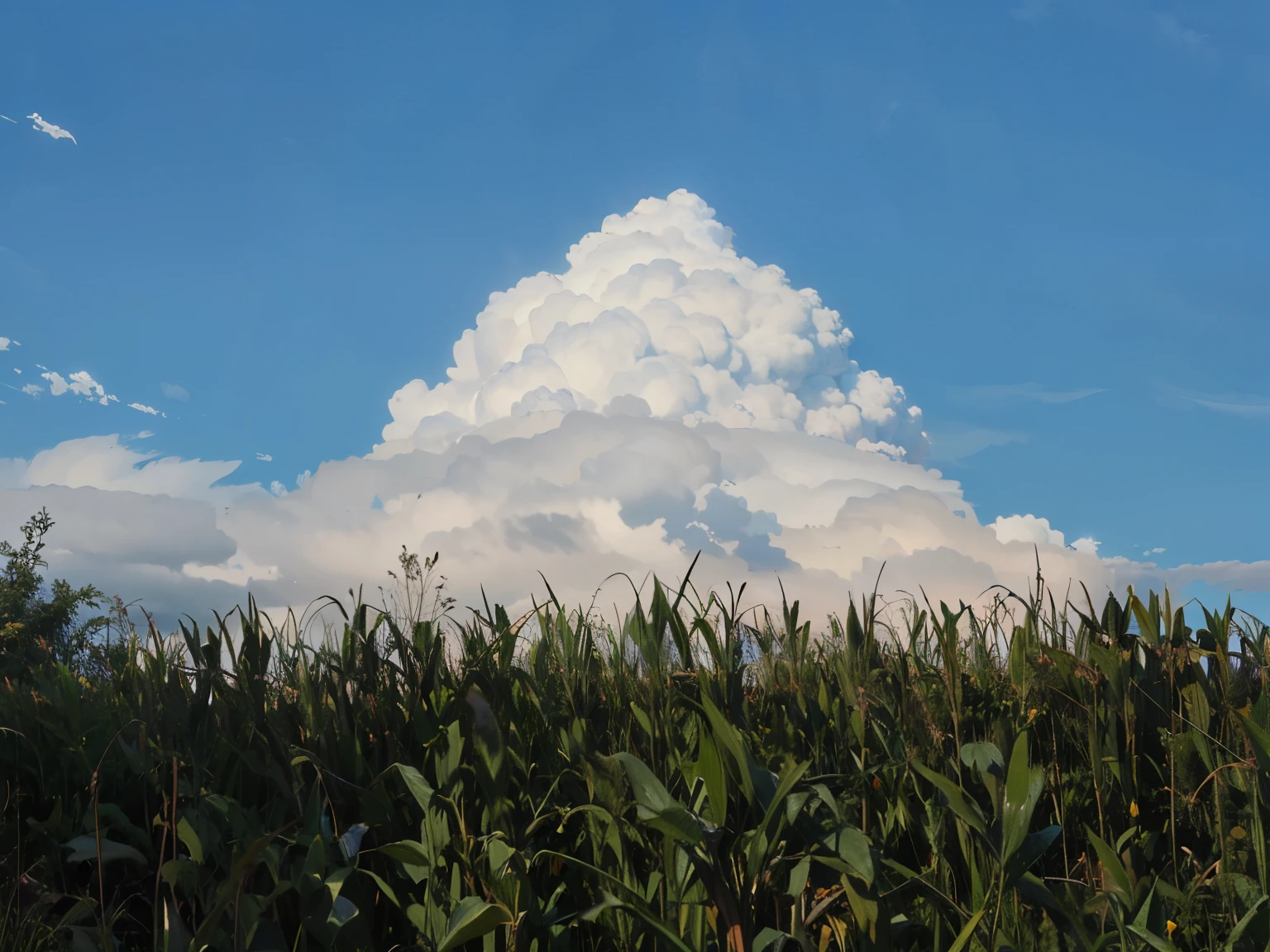there is a cloud that is in the sky over a corn field, tall corn in the foreground, puffy clouds in background, corn, big puffy clouds, giant clouds, towering cumulonimbus clouds, tall fluffy clouds, clouds and fields in background, voluminous clouds, nature and clouds in background, billowing clouds, giant cumulonimbus cloud