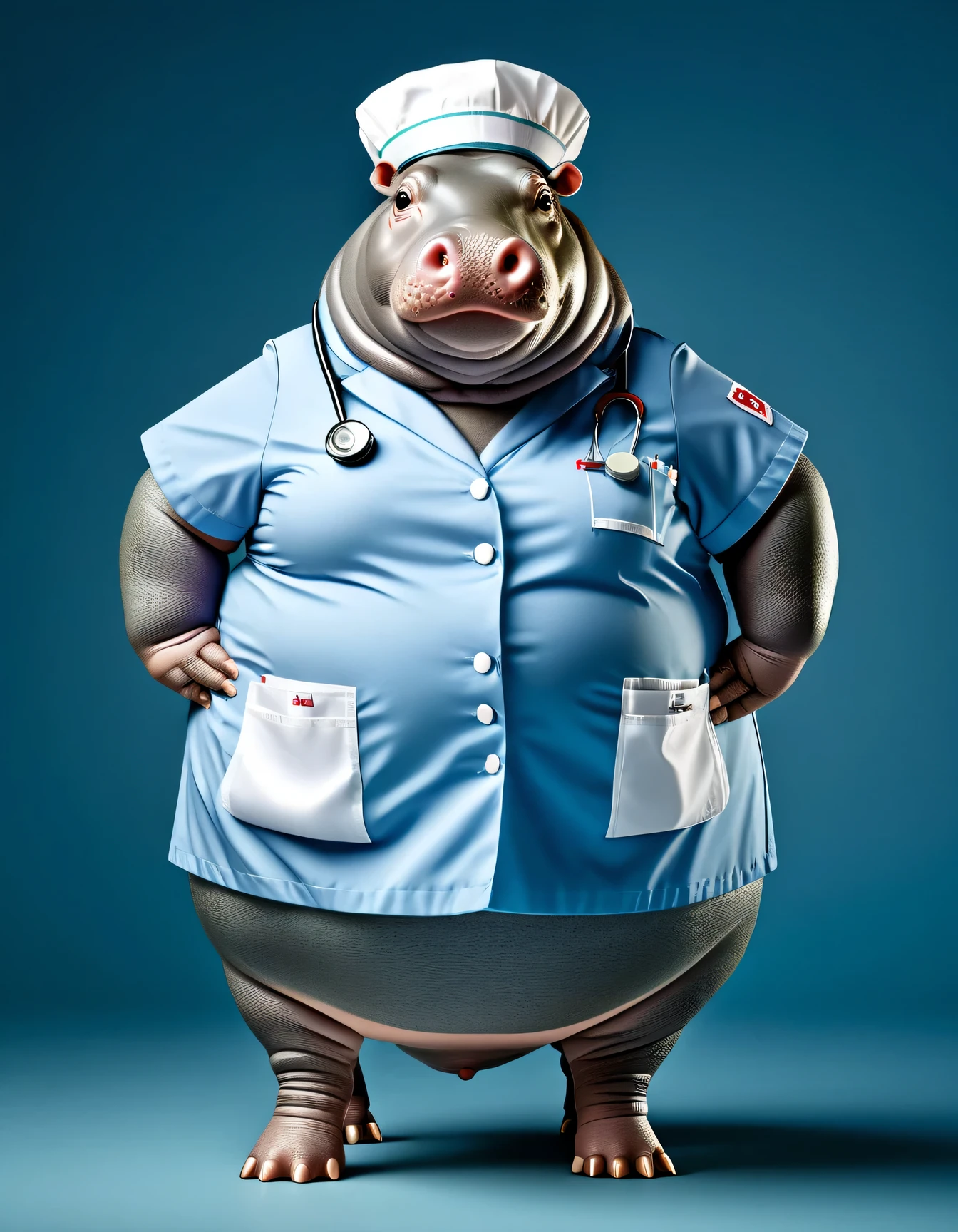 photorealistic portrait of Dressed animals - a ((fat)) hippo nurse,(hands on hips:1.2 ),(), high quality,(lovely) ,intricate details, highly detailed ((female nurse costume)), wearing nurse cap , highly detailed medical equipment , (happy), studio lighting,(full body image:1.5),(simple background)
