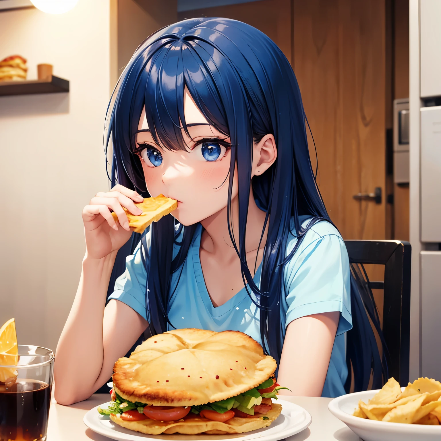 Chica con cabello azul comiendo una tostada