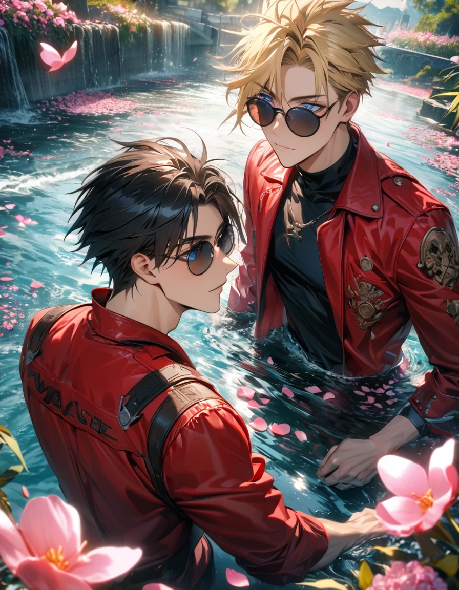 absurdres, highres, ultra detailed, HDR), master piece, best quality, Vash Stampede, blond hair, expressive blue eyes, amber round sunglasses, red jacket, Trigun, Woolfwood, straight short black hair, black sunglasses, expressive grey eyes, 2men together, gay couple, handsome, water, pink petals, pink flowers, pink butterflies