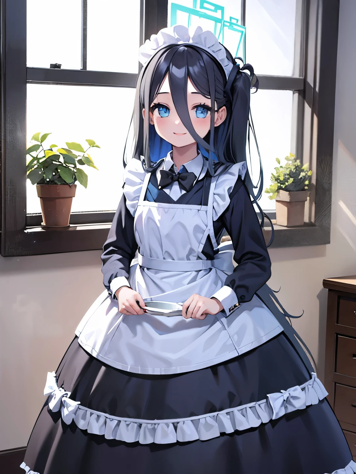Masterpiece, hd, 2d, Alice, black hair, blue eyes, long hair, halo, wear maid dress, traditional maid dress, standing, indoor, smile, happy, upper body, blue bowtie
