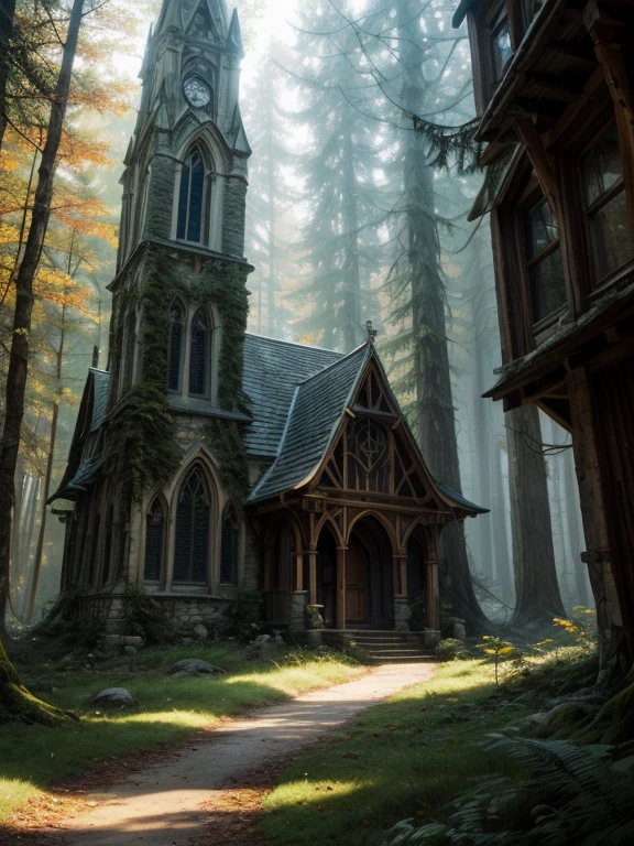  fantasy elven village in a forest, several elven  buildings in a forest, deep dark forest, autumn forest, many houses, no sky, within the forest, golden light in old windows of the houses, mysterious forest, stone buildings, dark deep wild forest, first person view, elvish archetecture, overgrown elf buildings, church archetecture, ancient ruin archetecture