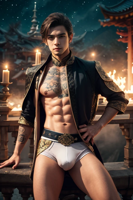handsome young man, 25 years old, Asia, expert'your work, Best picture quality, higher quality, Highly detailed, Ultra high resolution, 8k resolution, delicate facial features, boy, Big muscles, tattoo, glowing eyes, short hair, hair details, [[turn away, look to the side, Focus on homosexuality and pay attention to every detail.. , Open Hanfu Sheer Gauze Jacket, Wear white underwear,blue crystal belt, at night, starry sky, flying flowers. waterfall, mountain, dragon circle, Chinese patio background (((((Convex crotch)))))