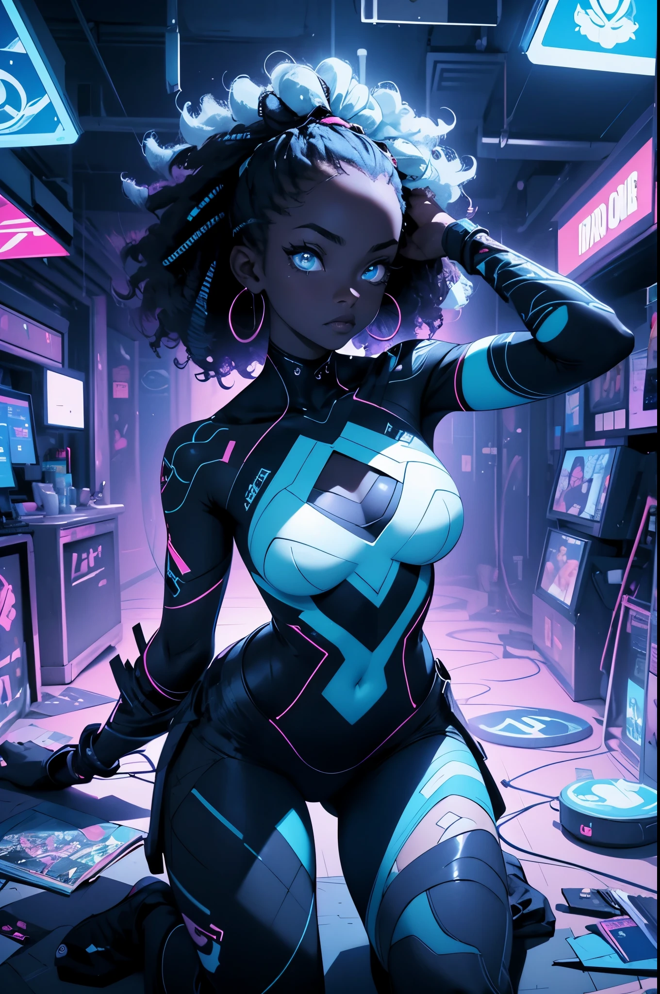 (dark-skinned woman:1.1) (blue neon Jacket With Rivets:1.3), (rave fashion:1.3), (big Afro hairstyle:1.3), (open zipper:1.2), (erotic:1.3), (sexy:1.3), (main space pilot seat:1.6), (small server room:1.3), (neon lights all over (glowing:1.7)), (dangling sprinkler wires:1.7), looking to camer, best quality, raw, masterpiece, super fine photo, best quality, super high resolution, photorealistic realism, sunlight, full-body portrait, delicate face, vibrant eyes, detailed face, stars background, gorgeous, highly detailed skin, realistic skin details, visible pores, sharp focus, high quality, photo realism, seen from below, translucent, (voluptuous:1.2), sensual, lascivious, dominant, (sexual:1.3), sexy, romantic, high quality, film grain, Cinematic Light, sidelighting, Lens Flare, Ray tracing, detailed face, detailed complex stars background, realistic skin details, visible pores, sharp focus, overexposed light