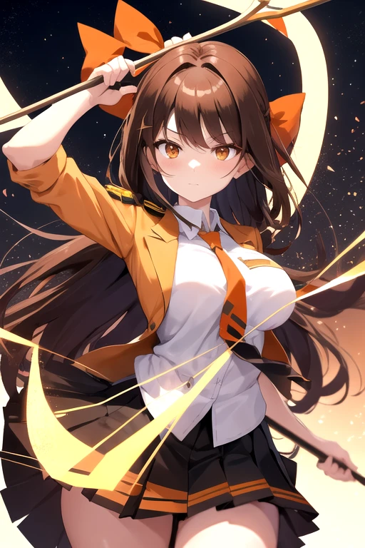 a cartoon woman in uniform holding a bow and arrow in front of her, kureha touka, 1girl, solo, teenager, yo, large breasts, orange pleated skirt, lightbrown hair, long hair diagonal bangs, gold eyes,  black blazer, pleated skirt, white things high, orange neckties, collerd shirts, ,