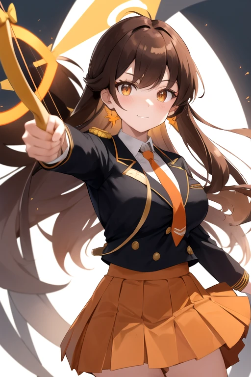 a cartoon woman in uniform holding a bow and arrow in front of her, kureha touka, 1girl, solo, ager, 17yo, large breasts, orange pleated skirt, lightbrown hair, long hair diagonal bangs, gold eyes, black blazer, pleated skirt, white things high, orange neckties, collerd shirts, ,