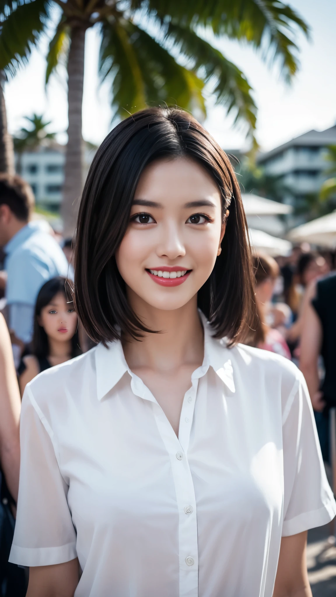 alone, full body, eyelash, pantyhose,, (beach,(Palm tree),a large crowd gathers,(white shirt), floral pattern,red lips),セクシーな刺激的なsmile,, (shiny skin:1.05),(blush:0.9),(skin dents:1.15),realistic, table top, highest quality, High resolution,absurd, (perfect face:1.1),slender body、small breasts、 (sharp focus:1.1),, Trending with ArtStation, Trending on CGsociety, Complex, high detail, sharp focus, dramatic,smile、stand up straight、upper body photo