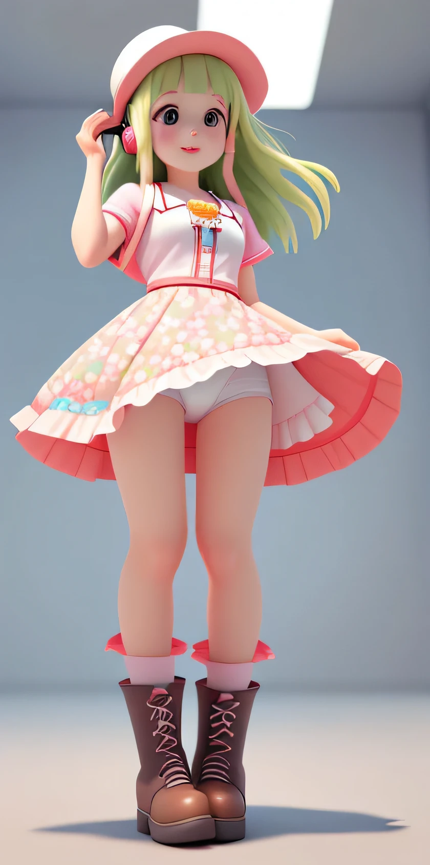 a Super cute girl ,Wearing a floral dress,Wearing boots,Wearing a hat and earphones，big watery eyes, open handD clothing, clothing wrinkles，clean background,dreamy,excited,super cute girl IP by pop mart ,high detail ,h Full body shot, Angle from below, looking at Viewer, lifted skirt, white cotton panties visible, Panties in full view, inside of skirt visible, super quality,Bright color,mockup blind box toy,disney style ,fine luster,3D render,oc render,best quality ,bright,front lighting,, 8k, (mastepiece, Best Quality), Intricate details