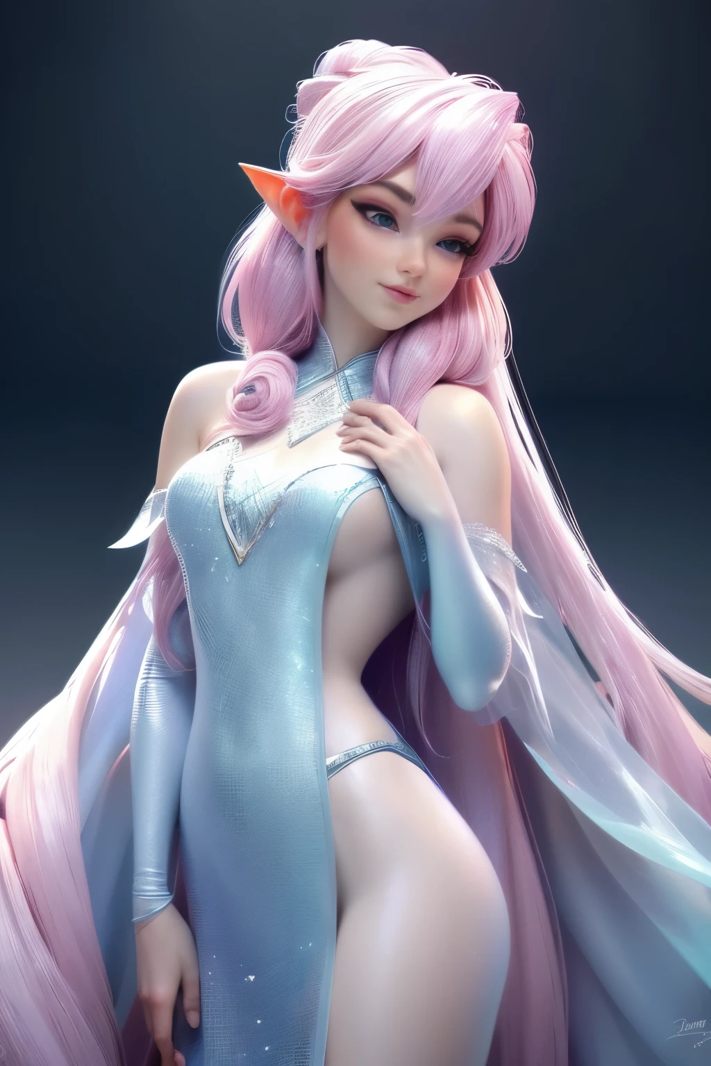 Elfgirl (rose quartz SU-Elsa frozen Disney Tinker waifu mezclando modelos .) (ultra FUSION of white and pink hair) Highly detailed CG unity 8k wallpaper, style shot, complex, high detail, dramatic, highest quality movie still image, very detailed, masterpiece, best quality, character design, Elsa, Elsa from Frozen,Fusion Pink Diamond (( Dark style)), realistic ultra-detailed rendering style, natural light, sharp character design, (hard focus, 8k), (((natural skin texture))), 8k textures, soft cinematic lighting, adobe lightroom, dark room, hdr, Sophisticated, Elegant, Rich Detail, Sharp Focuilm Look) )), Soothing Tones, Detail Frenzy, Intricate Detail, Super Detail, Low Contrast, Soft Film Lighting, Dull Colors, Exposure Blending, HDR, Fade, 35mm, f/1.4, ISO64, f16, 25 sec.