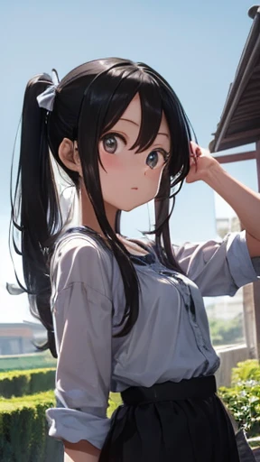 highest quality、Realistic、girl、cowboy shot、look up、cute、Gray eyes、twin tails、black hair、all back、Forehead is coming out、garden、joy、slender、small breasts、