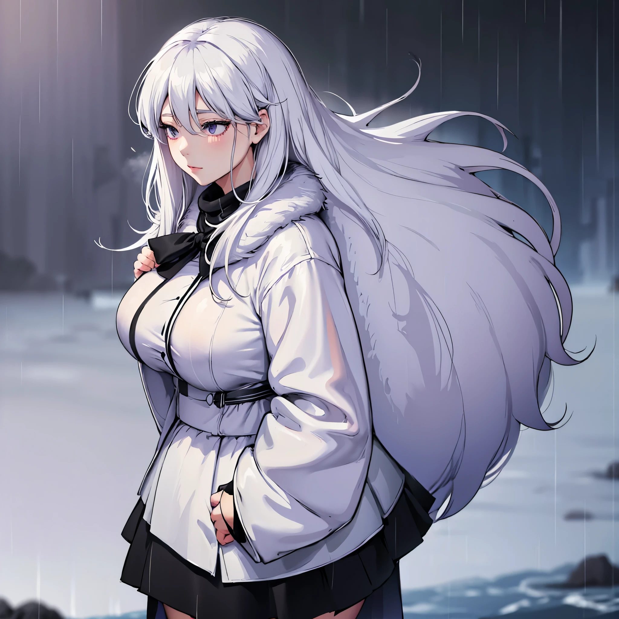 A woman wearing long white fur coat, white shirt, black skirt, long white hair, purple eyes, big breasts, in a park, the view of a distant sea, rainy and cold weather, fog,HDR, ultra resolution, very detailed, masterpiece, ultra quality, 4K HD. (solo, just a girl)
