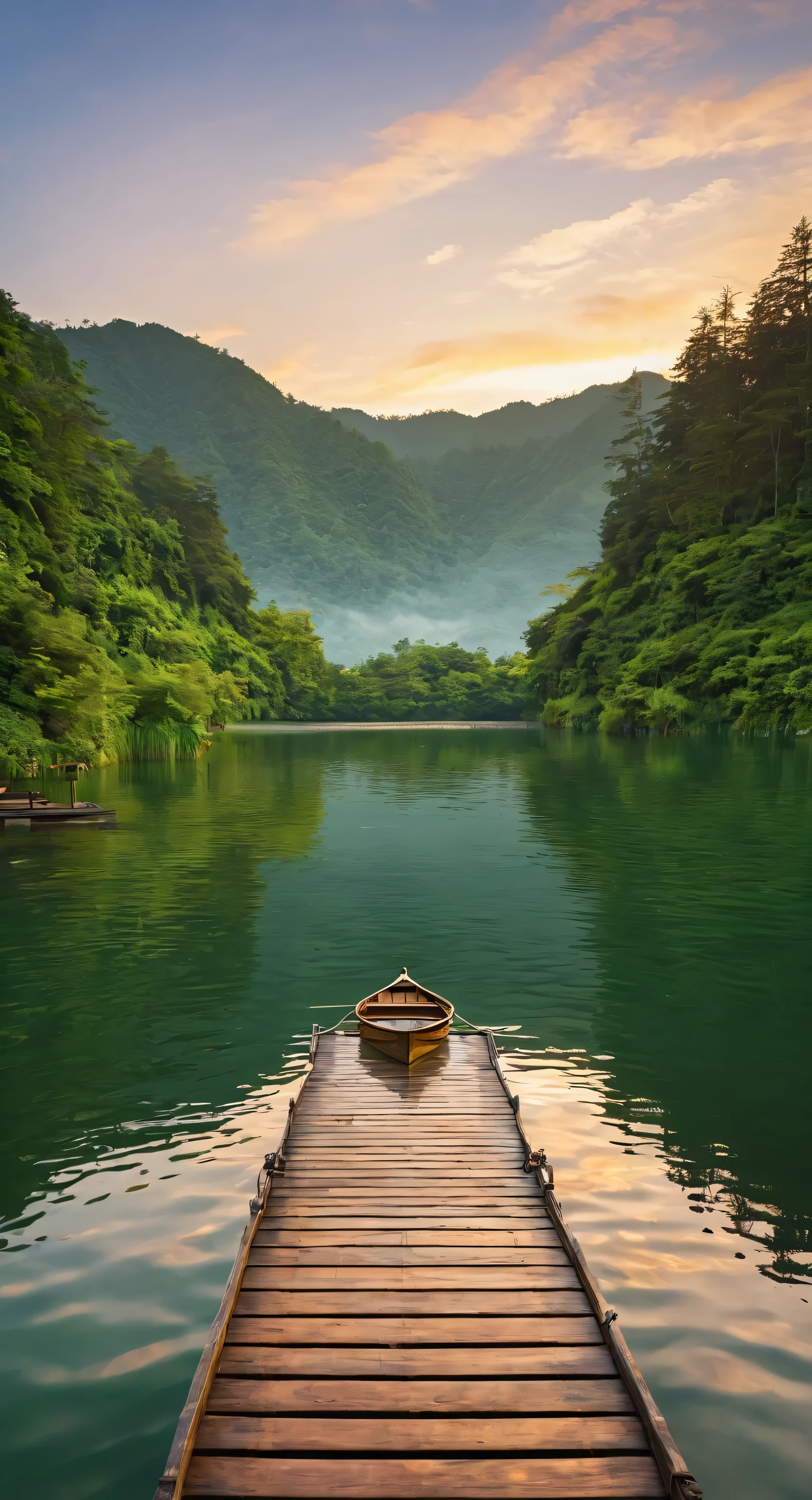 The sun sets over a serene lake surrounded by lush green mountains. The water reflects the golden hues of the sky, creating a breathtaking view. In the foreground, there's a small wooden dock jutting out into the water, with a rowboat tied to it. The boat sways gently in the evening breeze, adding to the overall tranquility of the scene. The air is filled with a sense of calmness and peace as nature paints its vibrant colors across the horizon.